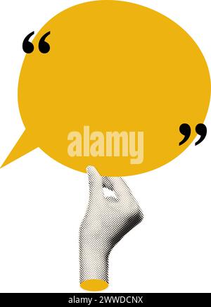 Halftone hand holding speech bubble collage vector illustration Stock Vector