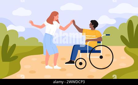 Young disabled man in wheelchair and happy girl dancing romantic dance in summer landscape. Couple holding hands with love and empathy, funny movement of two people cartoon vector illustration Stock Vector