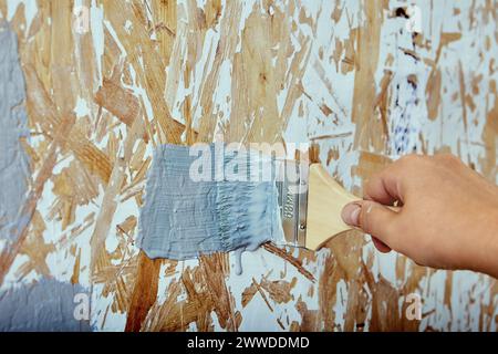 Paint brush in hand of construction worker, house painter applies brush strokes with gray paint to chipboard wall. Stock Photo