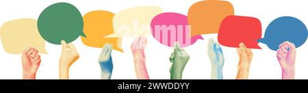 Diverse hands holding speech bubbles halftone collage vector illustration Stock Vector