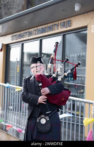 Stewarton, Scotland, UK. 23rd Mar, 2024. Stewarton Initiatives official opening of the Stewarton Community Hub with Provost Todd cutting the ribbon. Credit: R.Gass/Alamy Live News Stock Photo