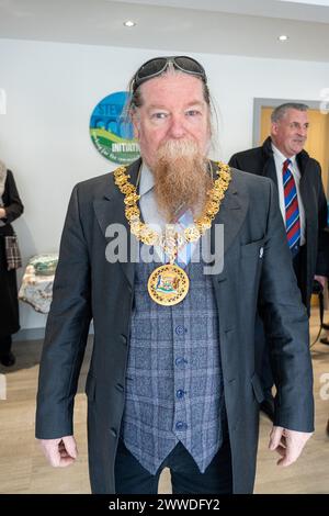 Stewarton, Scotland, UK. 23rd Mar, 2024. Stewarton Initiatives official opening of the Stewarton Community Hub with Provost Todd cutting the ribbon. Credit: R.Gass/Alamy Live News Stock Photo