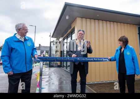 Stewarton, Scotland, UK. 23rd Mar, 2024. Stewarton Initiatives official opening of the Stewarton Community Hub with Provost Todd cutting the ribbon. Credit: R.Gass/Alamy Live News Stock Photo