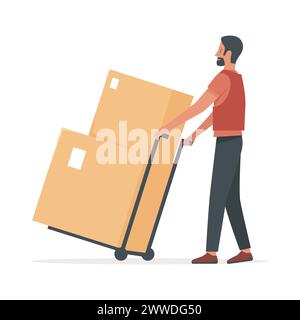 Courier with wheelbarrow. Delivery man, order delivery package cartoon vector illustration Stock Vector