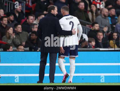 London, UK. 23rd Mar, 2024. Kyle Walker of England is taken off by Gareth Southgate manager of England goes of with a hamstring twinge during the International Friendly match at Wembley Stadium, London. Picture credit should read: David Klein/Sportimage Credit: Sportimage Ltd/Alamy Live News Stock Photo