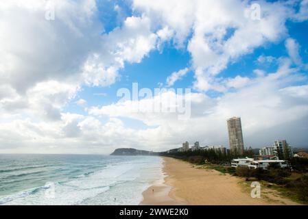 Gold Coast Skyline With People Walking On Beach, Gold Coast, Queensland, Australia Stock Photo