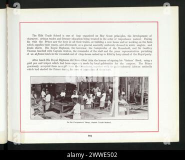 Interior of the carpenters' shop at the Junior Trade School in Kibi, Ghana, 1925, showing students practicing woodworking skills. Stock Photo
