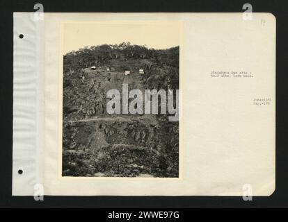 Photograph of the left bank of the No. 3 dam site at Jindabyne, Australia, showing riverbank terrain and preparation for dam construction in June 1951. Stock Photo