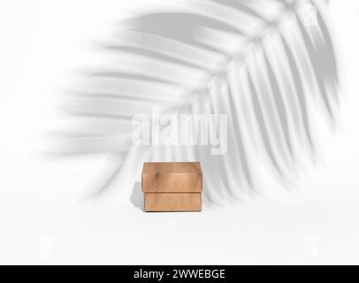 Kraft brown box, small mini craft cardboard, palm leaf shadow. Stock Photo
