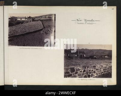 A 1903 photograph from Weihaiwei, China, showing new roads under construction with workers laying a 'handpacked' foundation and building retaining walls, illustrating early manual road engineering methods. Stock Photo