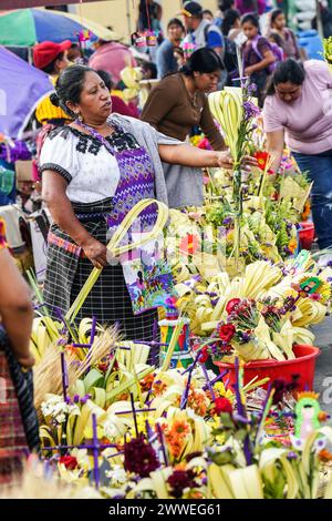 Antigua, Guatemala. 23rd Mar, 2024. Indigenous Mayan families make and sell palm bouquets in preparation for Palm Sunday outside the Santuario San Felipe de Jesús, March 23, 2024 in Antigua, Guatemala. The opulent processions, detailed alfombras and centuries-old traditions attract more than 1 million people to the ancient capital city. Credit: Richard Ellis/Richard Ellis/Alamy Live News Stock Photo