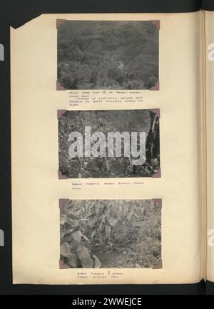 Valley near mile 5.5 on Ranau-Bundu Tuhan path, Borneo, showing potato and tobacco cultivation on steep hillsides across the river. Stock Photo