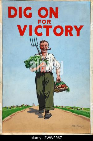 A British World War II poster from the 'Dig for Victory' campaign by artist Peter Fraser, promoting home food production through gardening. Catalogue reference: INF 3/96. Stock Photo