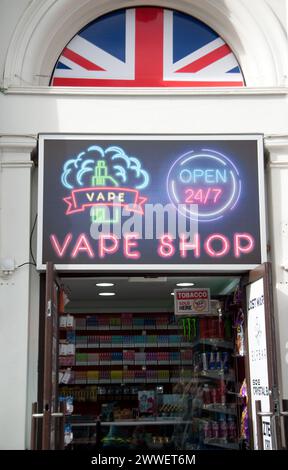 Vape Shop, Leicester Square, City of Westminster, London, UK - open 24/7,  many different flavours of vapes Stock Photo