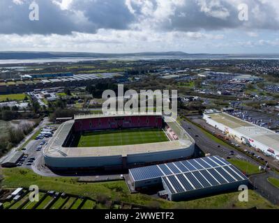 Llanelli, UK. 23rd March 2024.   Aerial view of the Parc y Scarlets Stadium in Swansea on 23rd March 2024.   This image may only be used for Editorial purposes. Editorial use only.  Credit: Ashley Crowden/Alamy Live News Stock Photo