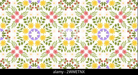 Seamless design with floral elements. Botanical-inspired repeated pattern with white, yellow, and lilac flowers, pink cherry blossom, branch with red berries, and assorted leaves. Stock Vector
