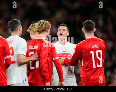 Parken, Copenhagen, Denmark. 23rd Mar, 2024. Granit Xhaka (Switzerland) gestures during a UEFA Friendly game, Denmark versus Switzerland, at Parken, Copenhagen, Denmark. Ulrik Pedersen/CSM/Alamy Live News Stock Photo