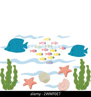An animated representation of ocean creatures in multiple colours on a white background showing underwater life or a seascape. Stock Vector