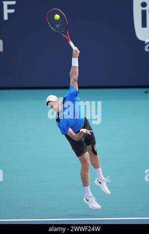 Miami, Florida, USA. 23rd Mar, 2024. Denis Shapovalov (Canada) serving to Stefanos Tsitsipas (Greece) during the second round of men's singles at the Miami Open tennis tournament. Shapovalov won the match 6-2, 6-4. (Credit Image: © Richard Dole/ZUMA Press Wire) EDITORIAL USAGE ONLY! Not for Commercial USAGE! Credit: ZUMA Press, Inc./Alamy Live News Stock Photo