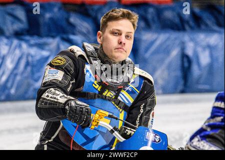 Sweden's Jimmy Olsén, wearing number 81, is competing in the FIM Ice Speedway Gladiators World Championship Final 1 at the Max-Aicher-Arena in Inzell, Germany, on March 23, 2024. (Photo by MI News/NurPhoto) Credit: NurPhoto SRL/Alamy Live News Stock Photo