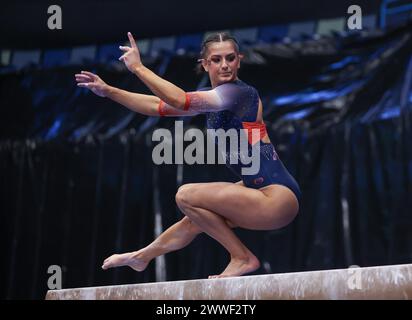 March 23, 2024: Auburn's Cassie Stevens competes on the balance beam during the 2024 SEC Gymnastics Championships at Smoothie King Center in New Orleans, LA Kyle Okita/CSM (Credit Image: © Kyle Okita/Cal Sport Media) Stock Photo