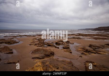 Low tide on a wintery Scarborough Beach, England. Stock Photo
