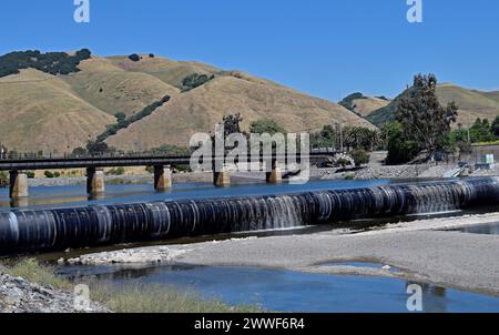 inflatable rubber dam on Alameda Creek, Fremont, California Stock Photo