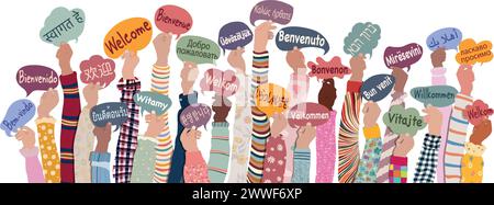 Hands raised of diverse and multicultural children and teens holding speech bubbles with text Welcome in various international languages. Diversity Stock Vector