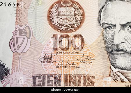 Portrait of president Ramon Castilla on  80s peruvian 100 Intis currency banknote (focus on center) Stock Photo