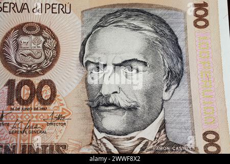 Portrait of president Ramon Castilla on  80s peruvian 100 Intis currency banknote (focus on center) Stock Photo