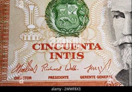 Closeup of 80s perivian 50 Intis currency banknote with coat of arms and portrait of  Nicolas de Pierola (focus on center) Stock Photo