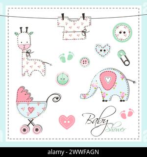 Baby boy and baby girl shower design elements. Cute Scrapbook design. Stock Vector