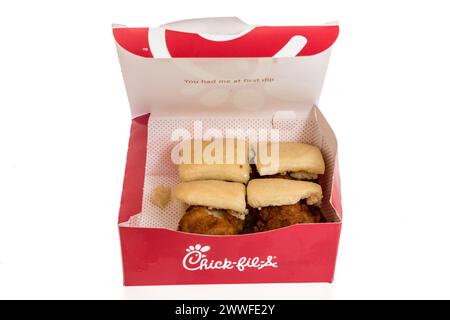 Winneconne, WI - 23 March 2024: A package of  Chick Fil A Chick n minis on an isolated background. Stock Photo