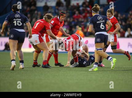 Cardiff, UK. 23rd Mar, 2024. Cardiff, Wales, March 23rd 2024 Sian Jones (21 Wales) takes the tackle during the Womens Six Nations Rugby game between Wales and Scotland at Cardiff Arms Park in Cardiff Wales. (B.East/SPP) Credit: SPP Sport Press Photo. /Alamy Live News Stock Photo