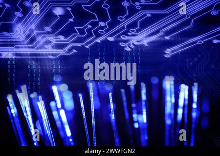 Optical fiber strands, binary code and circuit board, multiple exposure Stock Photo