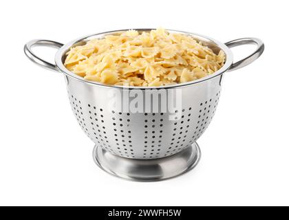 Cooked pasta in metal colander isolated on white Stock Photo