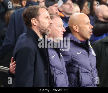 London, UK. 23rd Mar, 2024. L-R Gareth Southgate Head Coach of England Assistant Coach Steve Holland and Coach Paul Nevin during International Friendly soccer match between England and Brazil at Wembley stadium, London, UK - 23rd March 2024. Credit: Action Foto Sport/Alamy Live News Stock Photo