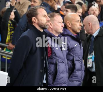 London, UK. 23rd Mar, 2024. L-R Gareth Southgate Head Coach of England Assistant Coach Steve Holland and Coach Paul Nevin during International Friendly soccer match between England and Brazil at Wembley stadium, London, UK - 23rd March 2024. Credit: Action Foto Sport/Alamy Live News Stock Photo