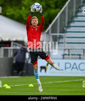 Durham, North Carolina, USA. 23rd Mar, 2024. North Carolina FC goalkeeper Jake McGuire during warmups North Carolina FC hosted the Tampa Bay Rowdies at WakeMed Soccer Park in Cary, North Carolina. (Credit Image: © Patrick Magoon/ZUMA Press Wire) EDITORIAL USAGE ONLY! Not for Commercial USAGE! Stock Photo