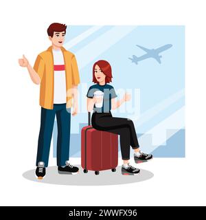 Young couple with suitcase, backpack showing thumbs up at the airport before flight. Traveling concept, flat design, cartoon style. . People waiting in airport. Vector illustration Stock Vector