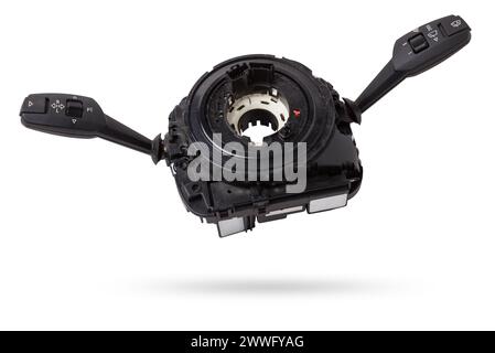 Steering wheel switches for windshield wipers and turn signals with steering angle sensor disassembled on a white isolated background, spare part for Stock Photo