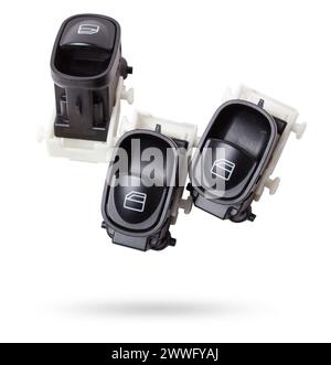 Power window button on white isolated background. Window lifter key block. Spare parts. Stock Photo
