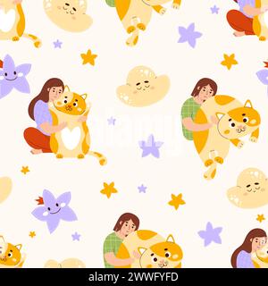 Seamless pattern with girls with large plush toy pillow cat on light background with clouds and stars. Vector illustration for design, wallpaper, pack Stock Vector