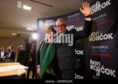 Bratislava, Slovakia. 24th Mar, 2024. Presidential candidate Ivan Korcok and his wife Sona Korcokova after the first round of the presidential elections in Bratislava, Slovakia, March 24, 2024. Credit: Ondrej Deml/CTK Photo/Alamy Live News Stock Photo