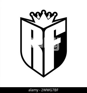 RF Letter bold monogram with shield shape and sharp crown inside shield black and white color design template Stock Photo