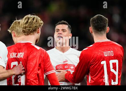 Parken, Copenhagen, Denmark. 23rd Mar, 2024. Granit Xhaka (Switzerland) gestures during a UEFA Friendly game, Denmark versus Switzerland, at Parken, Copenhagen, Denmark. Ulrik Pedersen/CSM/Alamy Live News Stock Photo