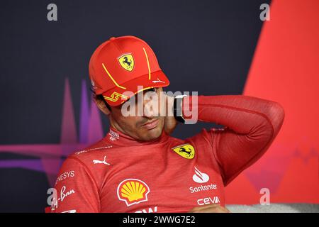 MELBOURNE, AUSTRALIA 24 March 2024. Pictured: Carlos Sainz Jr. (ESP) Scuderia Ferrari wins the Australian Grand Prix, seen here at the post race press conference at the FIA Formula 1 Rolex Australian Grand Prix 2024 3rd round from 22nd to 24th March at the Albert Park Street Circuit, Melbourne, Australia. Credit: Karl Phillipson/Alamy Live News Stock Photo