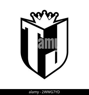 TJ Letter bold monogram with shield shape and sharp crown inside shield black and white color design template Stock Photo