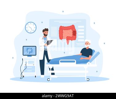 Polypectomy Cartoon Colonoscopy concept. Intestine exam and treatment. Colon polypectomy ...