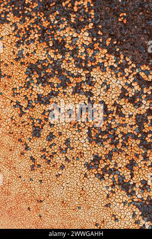 Old Grunge Rusty Metal Metallic Colored Wall Background. Red Orange Yellow Abstract Metallic Surface Stock Photo